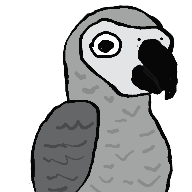 【Gray parrot】オウム目インコ科の鳥類である。体の大半は淡灰色の縁取りのある灰色の羽毛に包まれている。風切り羽根は黒色。顔面部は羽毛がなく白い。嘴は黒、白～淡黄色の虹彩。赤い尾羽を持つ。主食は種子や果実。原産地はアフリカ西海岸の森林地帯。群集性がある。知能が高く人の言葉を良く覚える種として名高く、飼い鳥として人気がある。特に外国では、尾羽の赤い色が背中にまで達したヨウムを「王鳥」と呼んで珍重する。